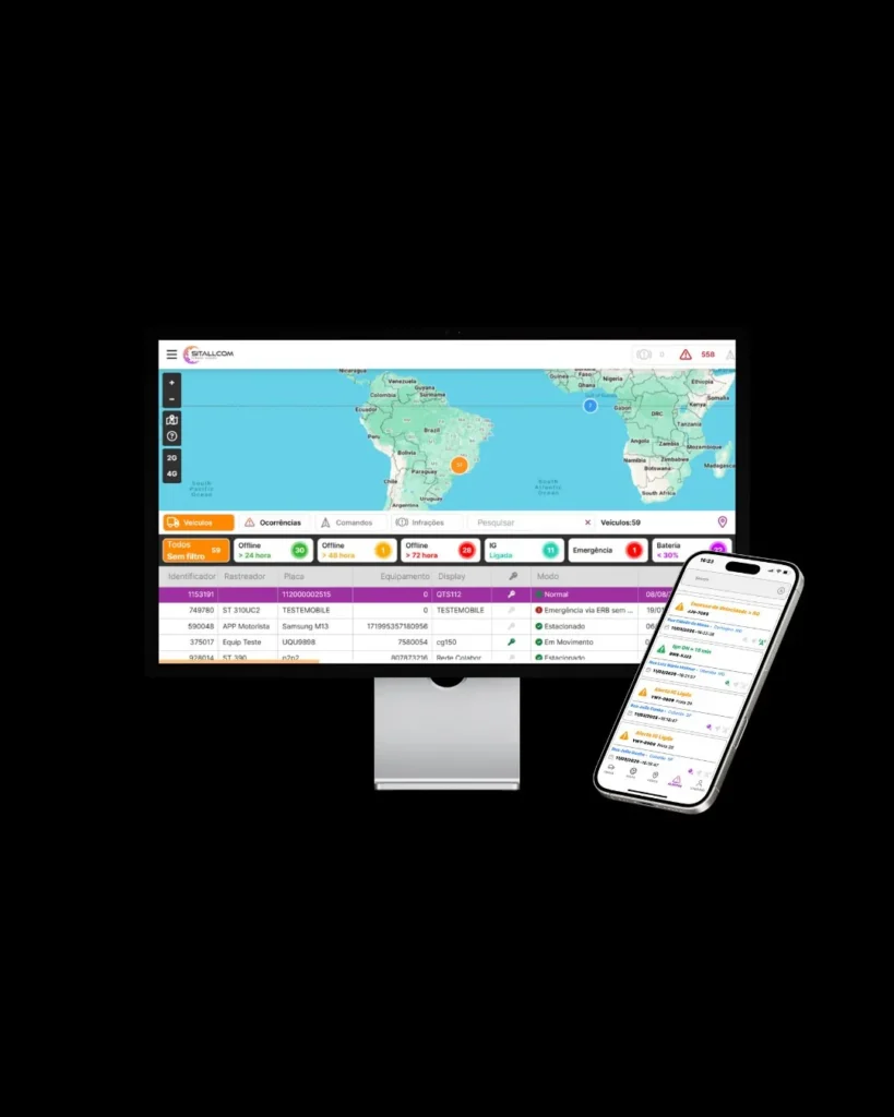 Plataforma de rastreamento veicular SITALL.COM exibida em monitor e smartphone com mapa e lista de veiculos