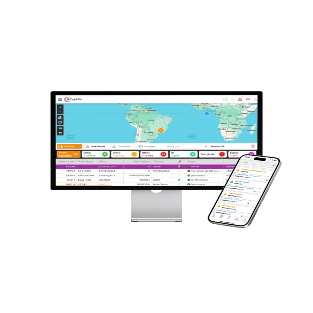 Monitor e celular exibindo o sistema Sitallcom, resultado de migrar plataforma de rastreamento veicular para a nuvem