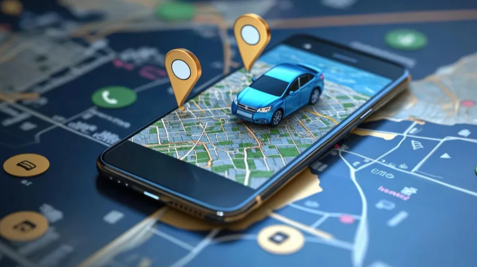 Smartphone com aplicativo para rastrear carros exibindo carro azul 3D sobre mapa com pins de localizacao dourados