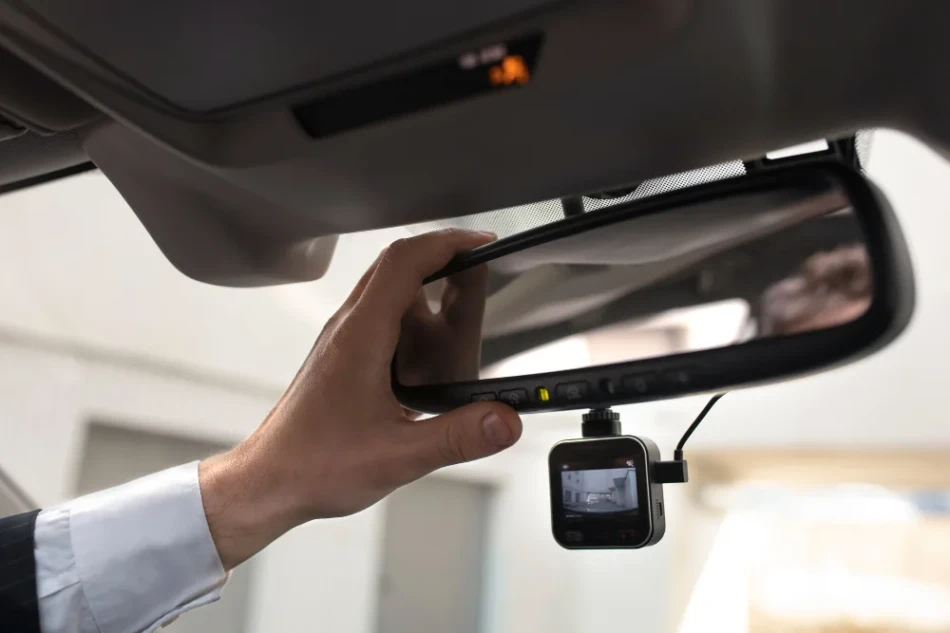 Mao ajustando retrovisor interno de veiculo com camera de monitoramento veicular dashcam acoplada gravando imagens