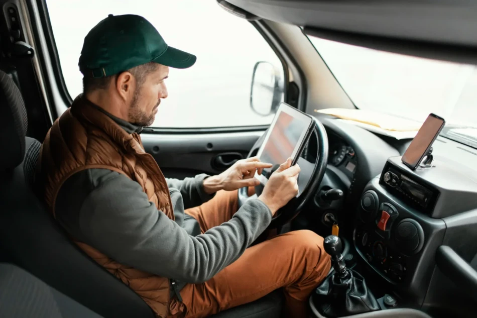 Motorista dentro de van usando tablet para acessar sistema de gestao de frotas com smartphone fixado no painel do veiculo