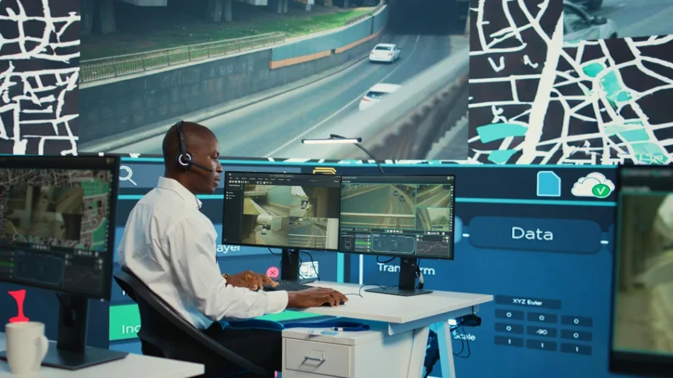 Operador com headset analisando indicadores para gestao de frotas em central de monitoramento com multiplas telas e cameras de vias