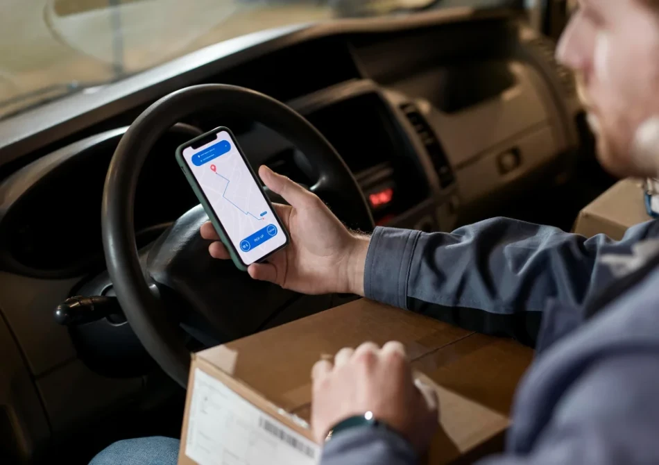 Motorista dentro de caminhao segurando smartphone com mapa de rastreador de caminhao e caixa de entrega no colo