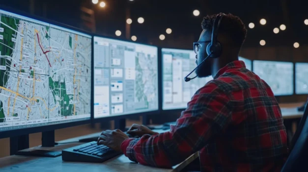 Profissional monitorando rastreador de veículos para empresa em central de controle