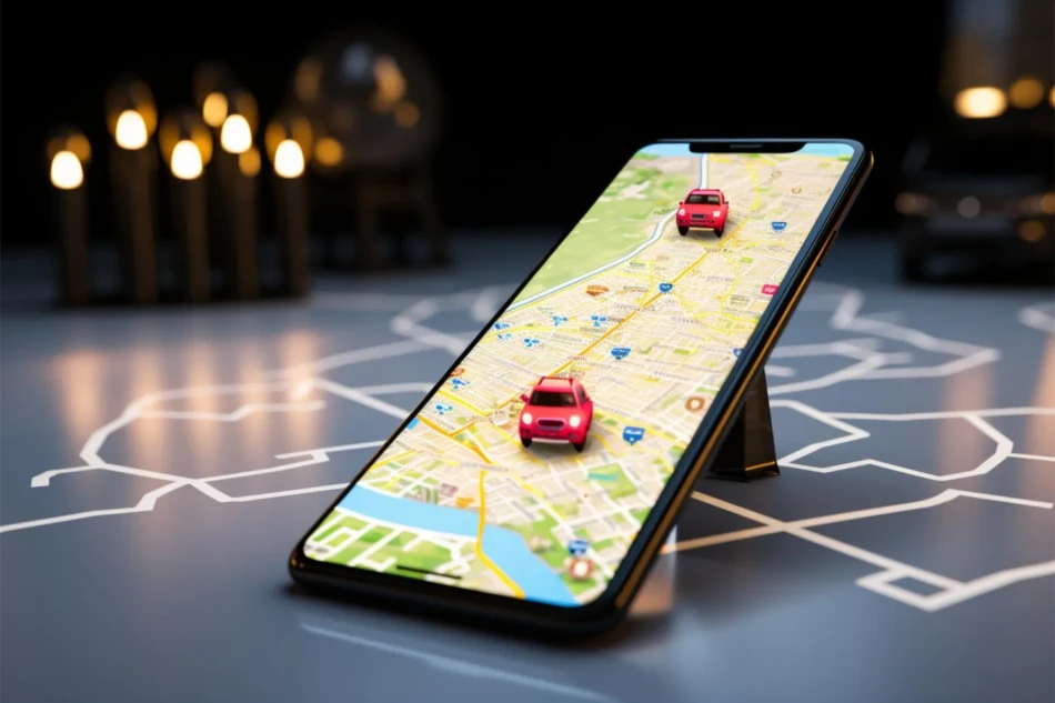 Smartphone exibindo mapa de rastreamento veicular com dois carros vermelhos em movimento pela cidade