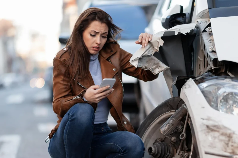 Mulher preocupada com celular na mao agachada ao lado de carro batido na rua registrando sinistro veicular