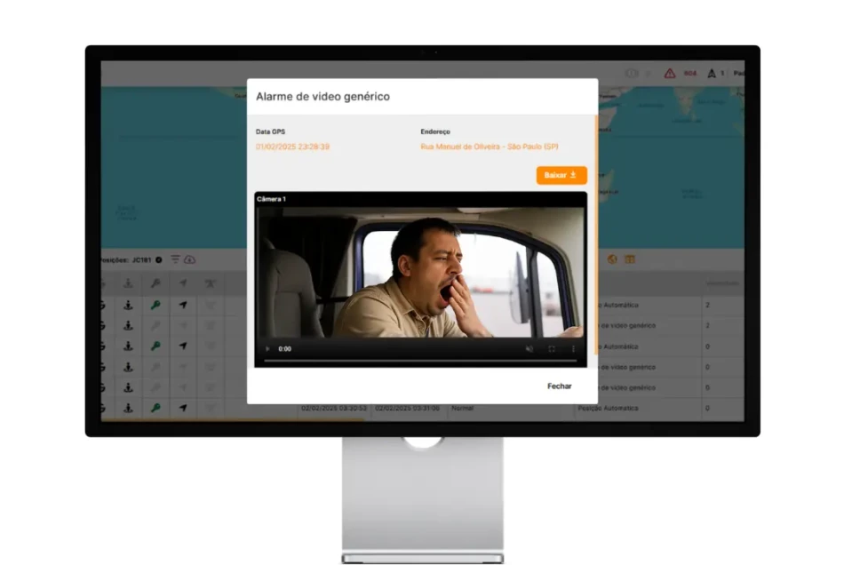 Tela da plataforma de telemetria veicular exibindo alarme de vídeo com motorista bocejando ao volante
